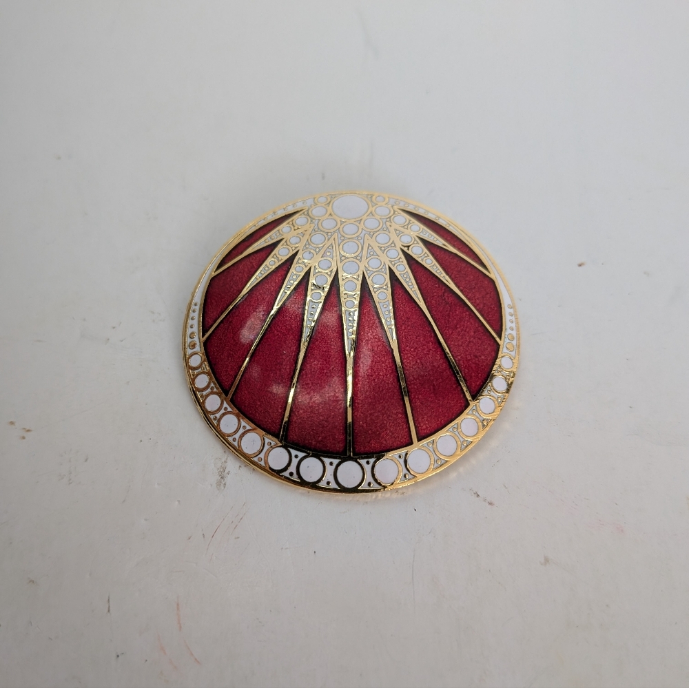 Vintage Cloisonne Starburst Round Brooch Pin Enamel Gold Sun MCM Circle